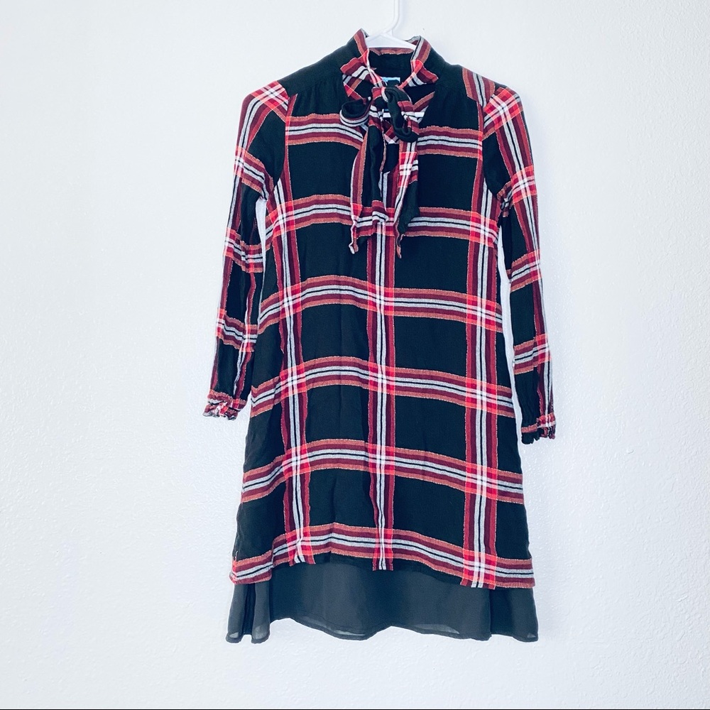 🍓 CeCe Boho Plaid Tie Neck Christmas Academia Long Sleeves Shirt Shift Dress 0